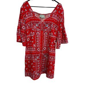Skies are Blue Red Blue Boho Floral Print Dress Bell Sleeves Size Large